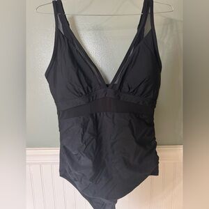 Black V-Neck Mesh Panel One-Piece Swimsuit